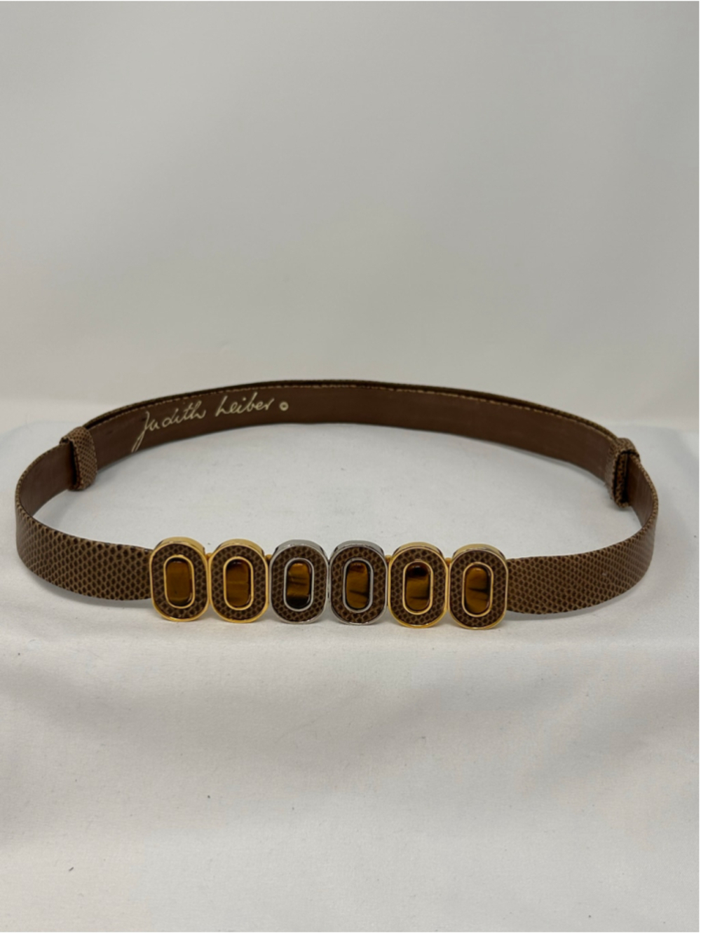 Vintage Judith Leiber Lizard Embossed Leather Belt Gold Silver Buckle